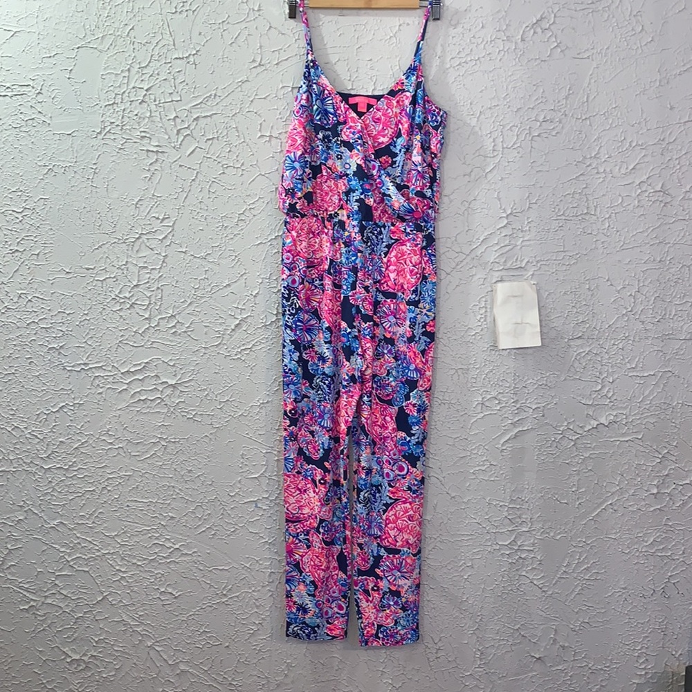 Lilly Pulitzer Dante Jumpsuit Navy Pink Medium High Tide Turtle Amazement Floral - Picture 3 of 15
